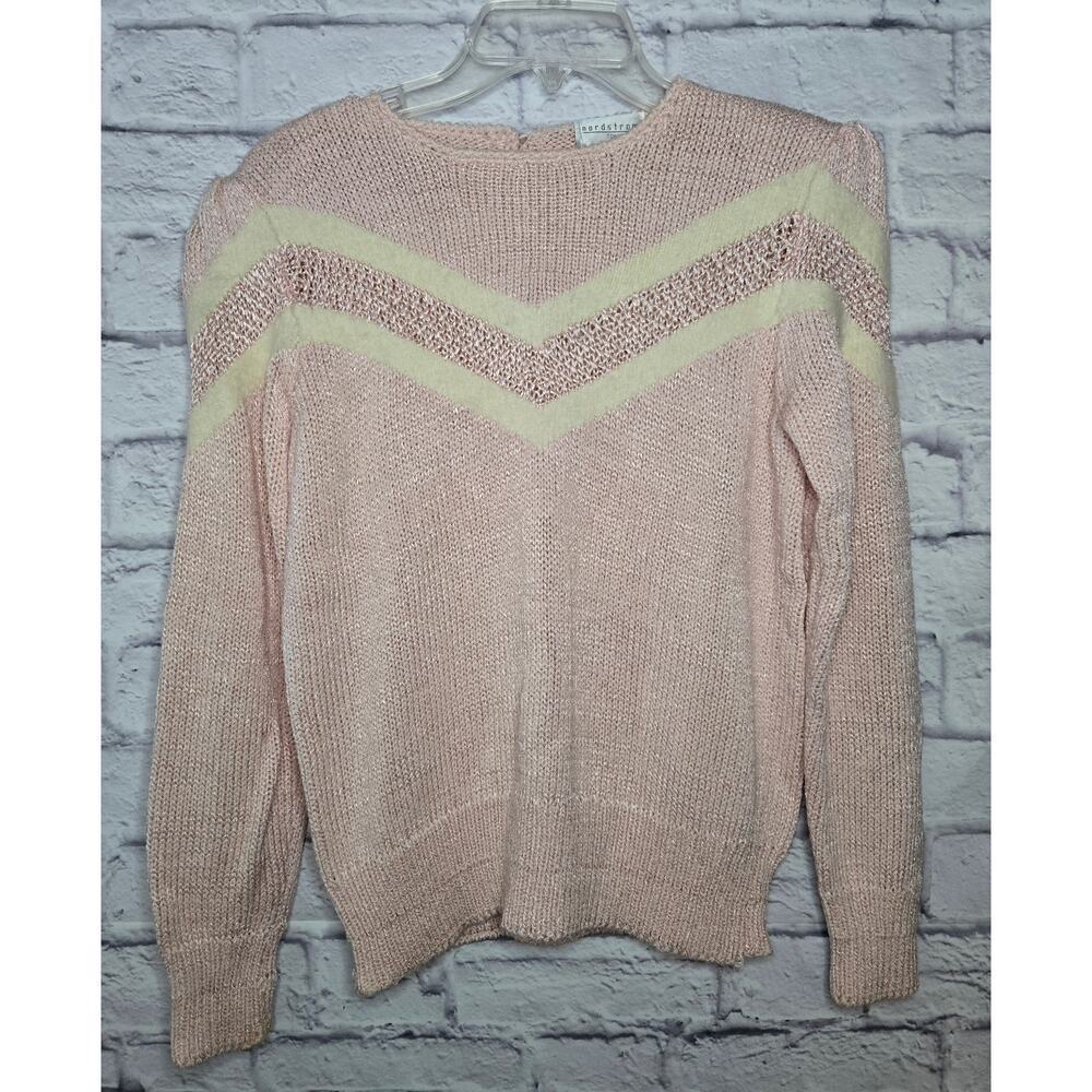 Vintage 80s Nordstrom pink cream pullover chevron coquette sweater Large.